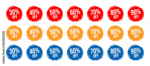 Vector Illustration 30, 40, 50, 60, 70, 80, 90 Percent Off Banner. Modern Red Web Label