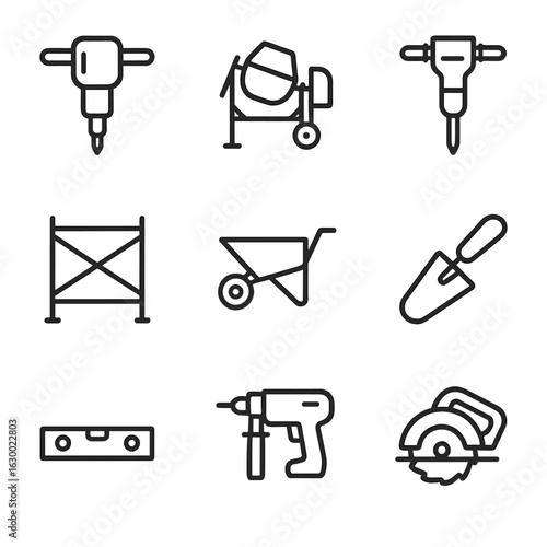 Construction Tool Icons. Outline icon set of construction machinery tools: jackhammer, concrete mixer, pneumatic drill,