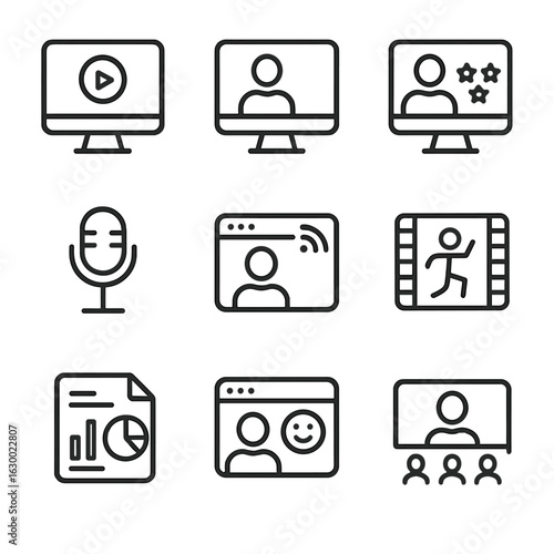 Content Creator Icons. Outline icon set of content creator content types: vlog, tutorial, review, podcast, live stream, animation,