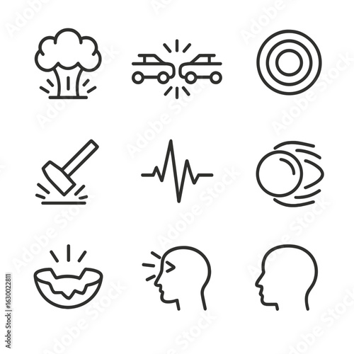 Impact Forces Icons. Outline icon set of impact forces: explosion, crash, collision, shockwave, hammer blow, earthquake tremor,