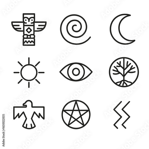 Shamanic Symbol Icons. Outline icon set of shaman symbols: totem pole, spiral, crescent moon, sun, eye, tree of life, thunderbird,