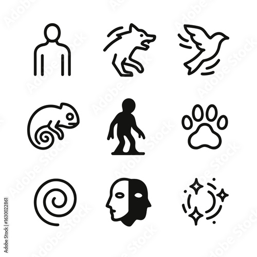 Shape-Shifter Icon Set. Outline icon set of shape-shifter: human silhouette, wolf transformation, bird morph, chameleon skin,