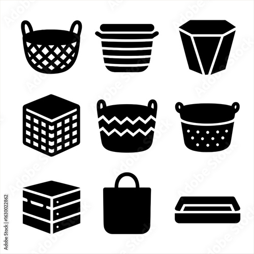 Decorative Storage Icons. Solid, filled icons set of decorative storage ideas: rattan basket, rope basket,