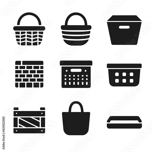 Decorative Storage Icons. Solid, filled icons set of decorative storage ideas: rattan basket, rope basket,