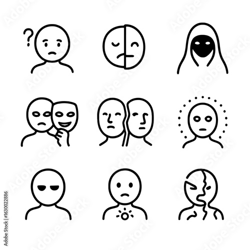 Shape-Shifter Emotions Icons. Outline icon set of shape-shifter emotions and states: confused face, dual expressions, hidden