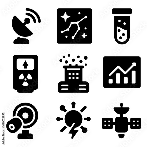 Deep Space Icons. Solid, filled icons set of deep space data collection: signal reception, star chart, sample