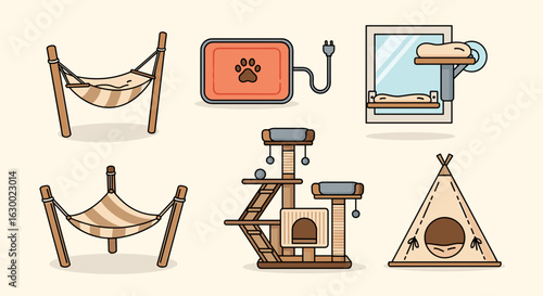 Illustration of cat furniture including hammocks, a cat tree, a window perch, and a heated bed