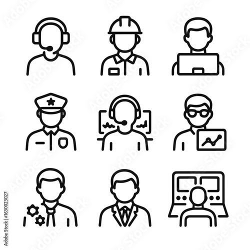 Control Center Icons. Outline icon set of control center personnel: operator, technician, supervisor, engineer, security guard,