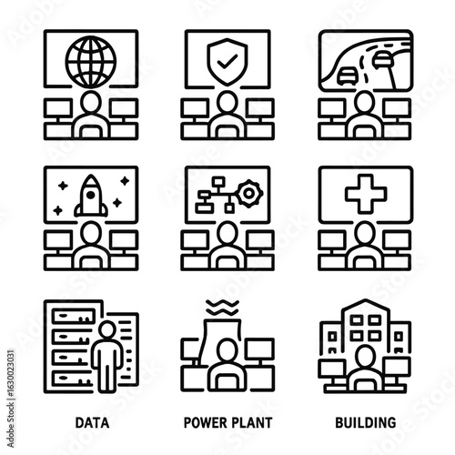 Control Center Icons. Outline icon set of control center types: network control center, security control room, traffic control