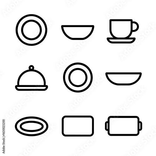 Ceramic Dishware Icons. Outline icon set of ceramic dishware: plate, bowl, saucer, cup, dish cover, dessert plate, pasta bowl,