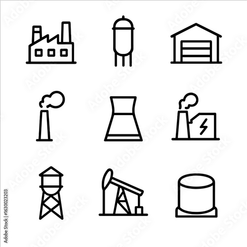 Industrial Icon Set. Outline icon set of industrial structures: factory, silo, warehouse, smokestack, cooling tower, power plant,