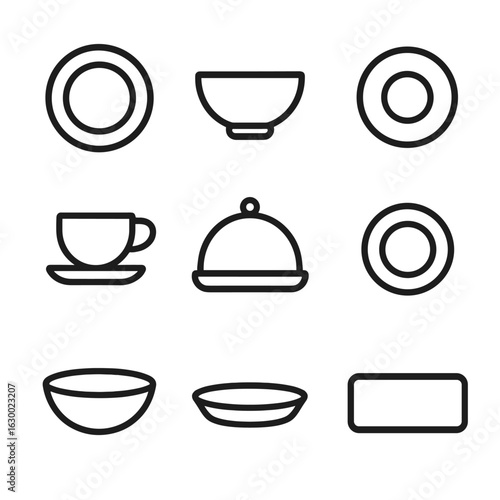 Ceramic Dishware Icons. Outline icon set of ceramic dishware: plate, bowl, saucer, cup, dish cover, dessert plate, pasta bowl,