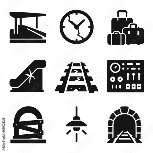 Derelict Transport Icons. Solid, filled icons set of derelict transportation hubs: empty train platform,
