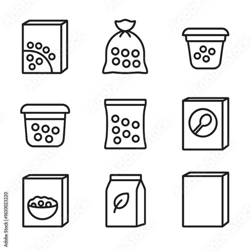 Cereal Packaging Icons. Outline icon set of cereal packaging: cereal box, sealed bag, single-serve cup, reusable container,