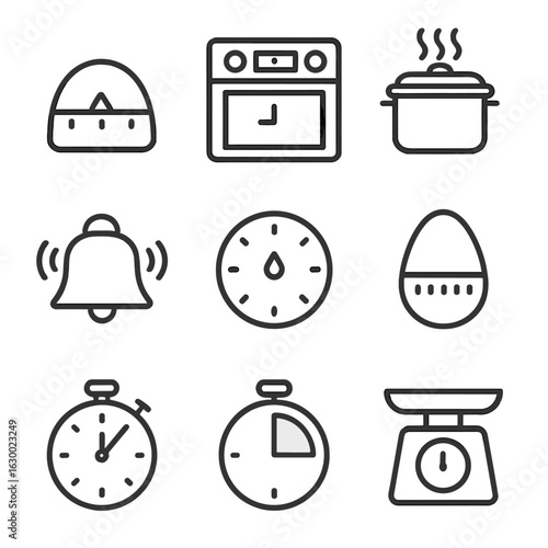 Cooking Timer Icons. Outline icon set of cooking timer: kitchen timer, oven clock, boiling timer, alarm bell, timer dial, egg
