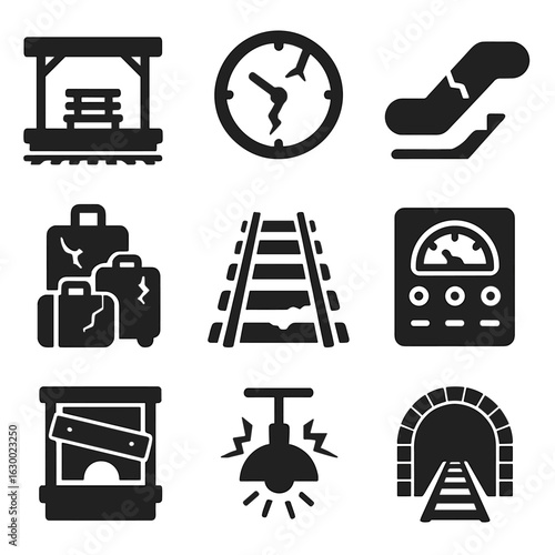Derelict Transport Icons. Solid, filled icons set of derelict transportation hubs: empty train platform,