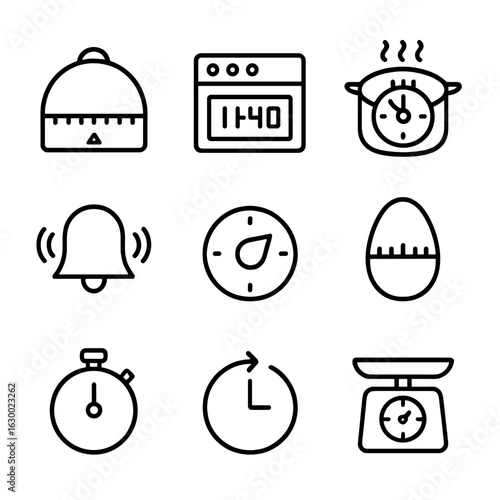 Cooking Timer Icons. Outline icon set of cooking timer: kitchen timer, oven clock, boiling timer, alarm bell, timer dial, egg