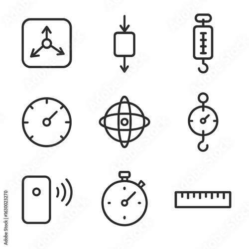 Inertia Tools Icons. Outline icon set of inertia measurement tools: accelerometer, force sensor, spring scale, speedometer,