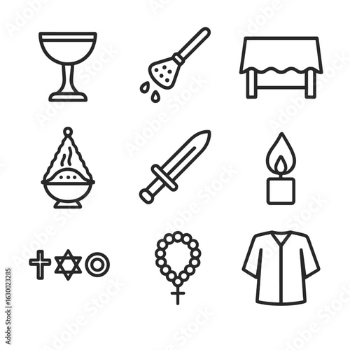 Ceremonial Icons Set. Outline icon set of ceremonial cleansing: chalice, holy water, altar cloth, incense burner, ritual knife,