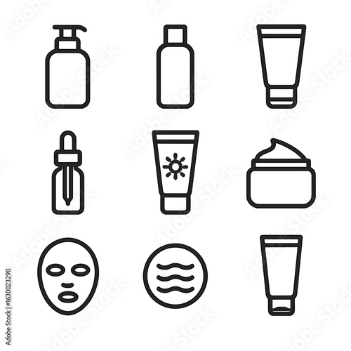 Skincare Icons Grid. Outline icon set of skincare routine: cleanser bottle, toner bottle, moisturizer tube, serum dropper,
