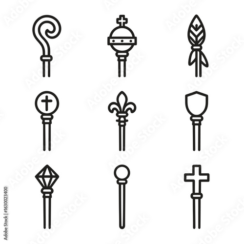 Ceremonial Scepters Icons. Outline icon set of ceremonial scepters: bishop’s staff, imperial scepter, tribal scepter, religious