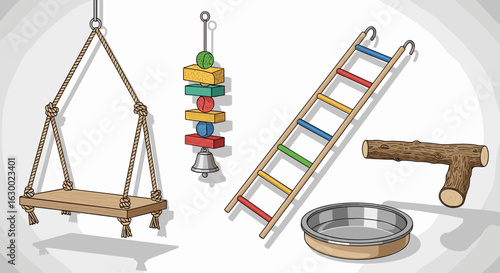 Illustration of bird toys including a swing, ladder, wooden perch, and a hanging bell toy set