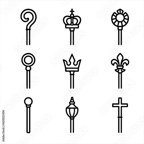 Ceremonial Scepters Icons. Outline icon set of ceremonial scepters: bishop’s staff, imperial scepter, tribal scepter, religious