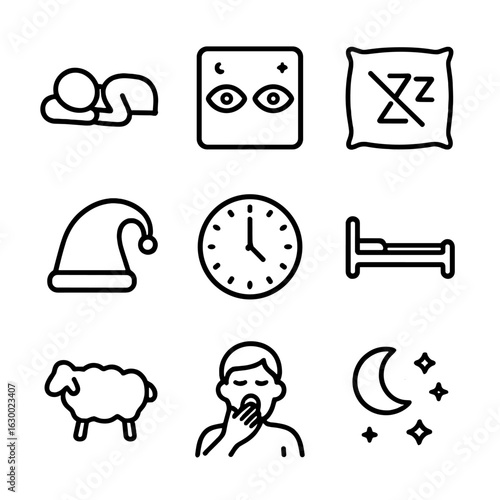 Sleep and Insomnia Icons. Outline icon set of sleep and insomnia: sleeping person silhouette, open eyes at night, pillow with