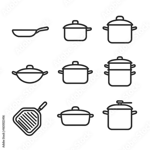 Cookware Icon Set. Outline icon set of cookware items: frying pan, saucepan, stock pot, wok, Dutch oven, steamer pot, grill pan,