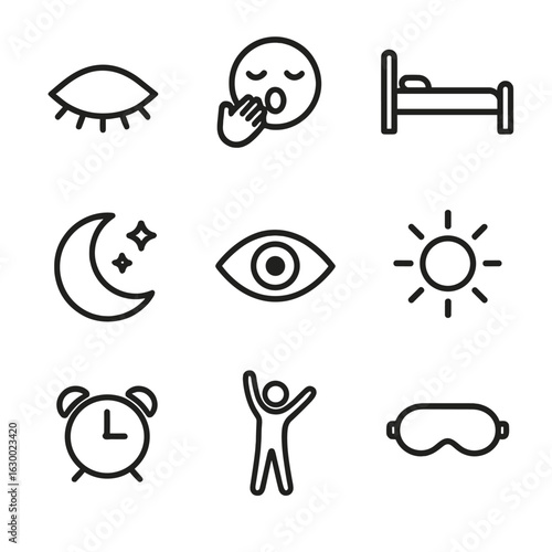 Sleep and Wake Icons. Outline icon set of sleep and wakefulness: closed eye, yawning icon, bed, night moon, eye opening, sun rays,