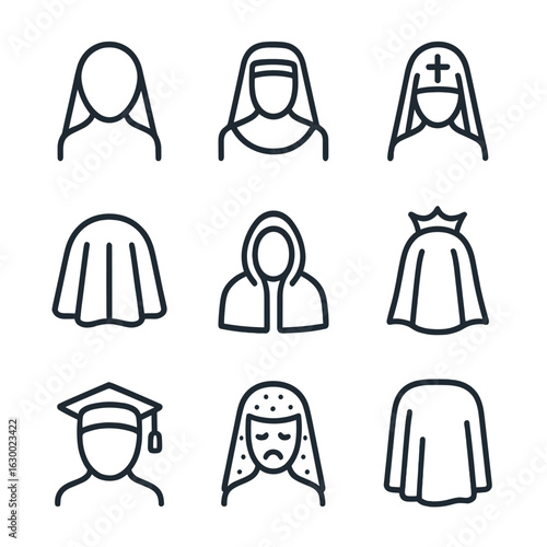 Ceremonial Veil Icons. Outline icon set of ceremonial veils: funeral veil, mourning veil, priest’s veil, religious veil, symbolic
