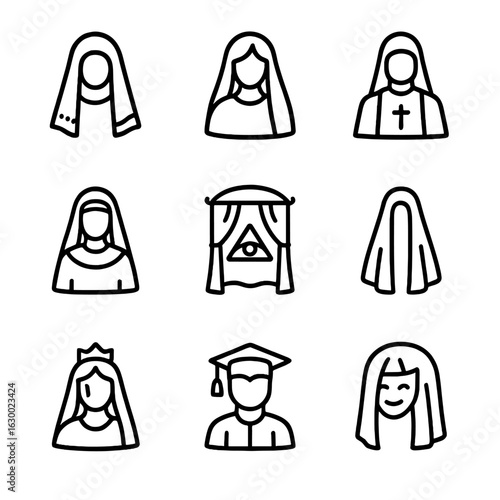 Ceremonial Veil Icons. Outline icon set of ceremonial veils: funeral veil, mourning veil, priest’s veil, religious veil, symbolic