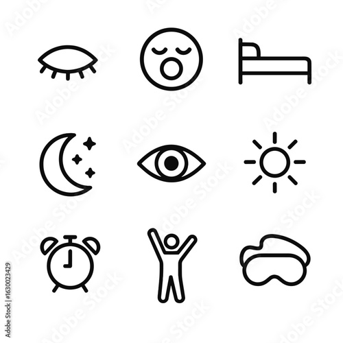 Sleep and Wake Icons. Outline icon set of sleep and wakefulness: closed eye, yawning icon, bed, night moon, eye opening, sun rays,
