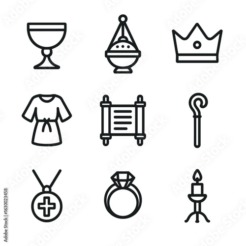 Ceremonial Icon Set. Outline icon set of ceremonial objects: chalice, incense holder, crown, robe, prayer scroll, staff, medallion