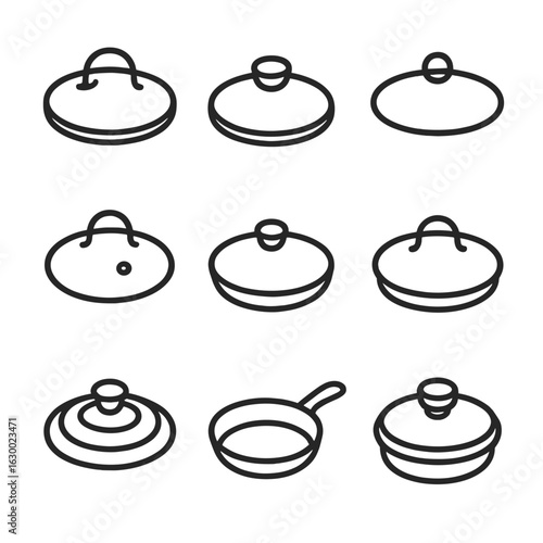 Cookware Lids Icons. Outline icon set of cookware lids and covers: glass lid, metal lid, silicone lid, steam vent lid, frying pan