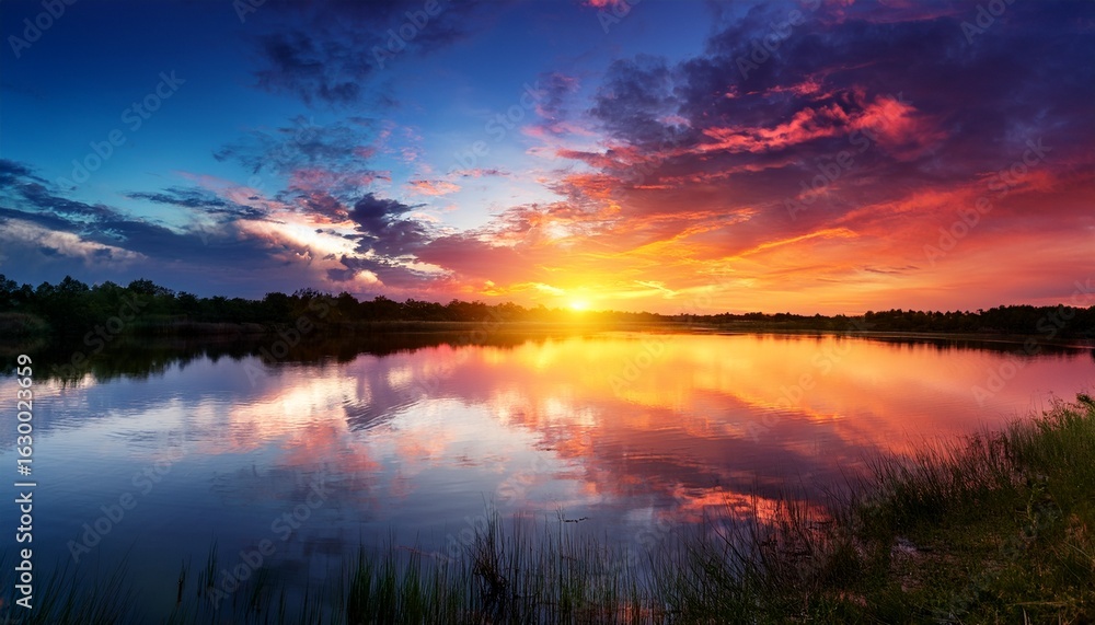 Fototapeta premium tranquil sunset over still water with colorful sky reflections
