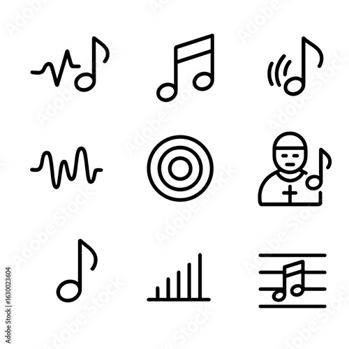 Chant Sounds Icon Set. Outline icon set of chant sounds: melody, harmony, rhythm, echo, vibration, resonance, chant tone, pitch,