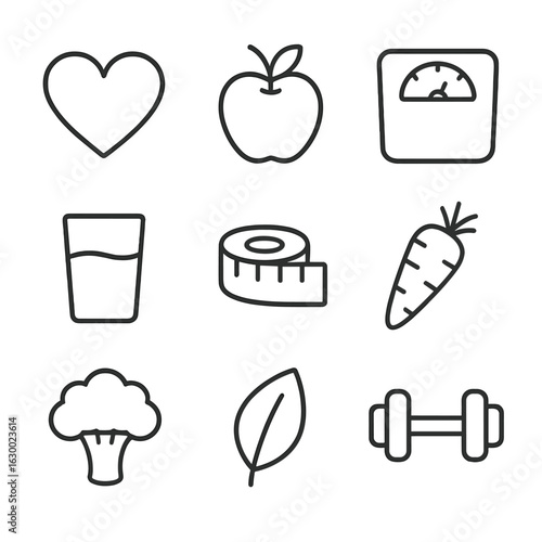 Diet Icon Grid. Outline icon set of diet and nutrition symbols: heart, apple, scale, water glass, measuring