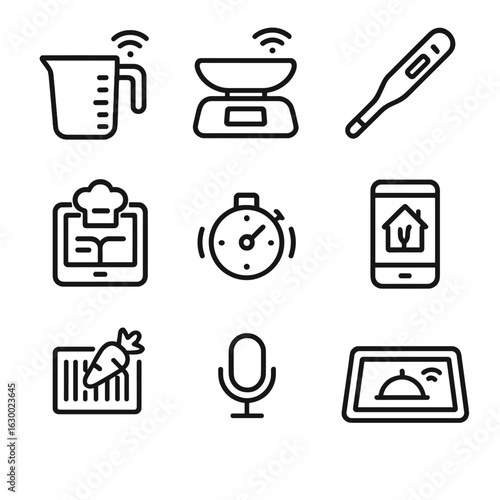 Smart Kitchen Icon Set. Outline icon set of smart kitchen tools: digital measuring cup, smart scale, connected thermometer, recipe