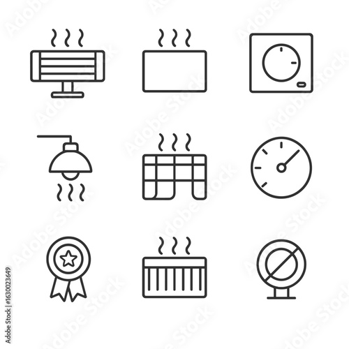 Infrared Heating Icons. Outline icon set of infrared heating: radiant heater, heating panel, thermostat control, heat lamp, floor