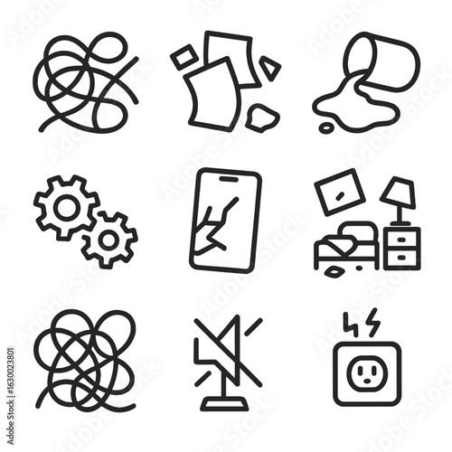 Chaos and Disorder Icons. Outline icon set of chaos and disorder: tangled wires, scattered papers, spilled liquid, broken gears,