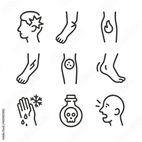 Injury and Growth Icons. Outline icon set of injury types: concussion, fracture, burn, cut, bruise, sprain, frostbite, poisoning,
