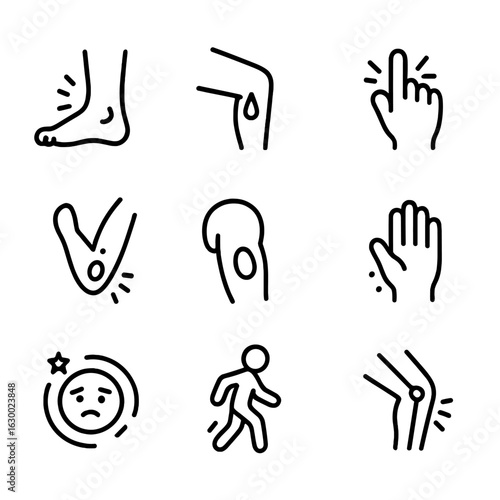 Injury Symptoms Icons. Outline icon set of injury symptoms: swelling, bleeding, pain, redness, bruising, numbness, dizziness,