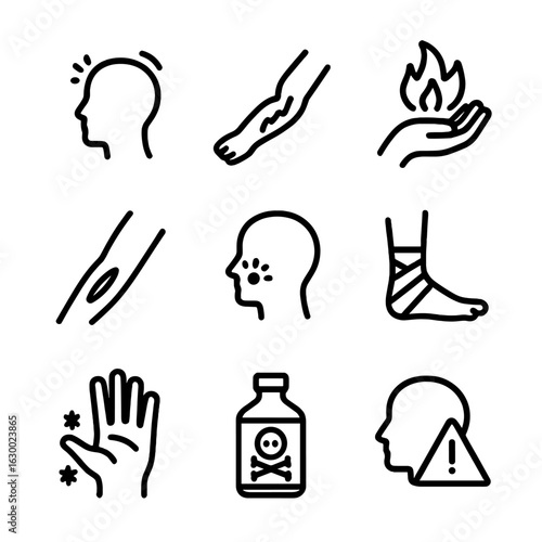 Injury Type Icons. Outline icon set of injury types: concussion, fracture, burn, cut, bruise, sprain, frostbite, poisoning, shock.