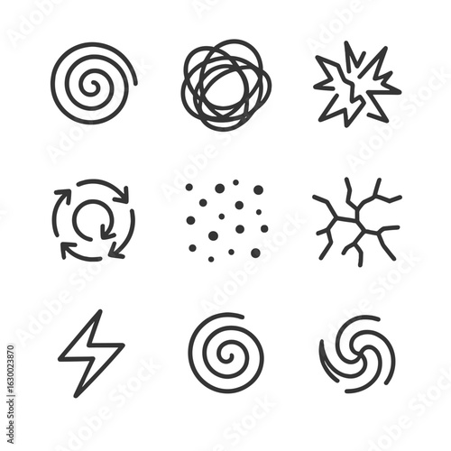 Chaos Symbol Icons. Outline icon set of chaos symbols: swirling vortex, tangled lines, broken shards, explosive burst, spiraling