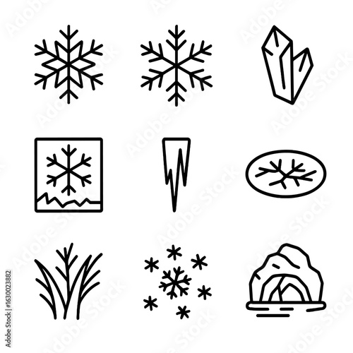 Snowflake Icon Set. Outline icon set of snow crystals and ice formations: snowflake patterns, ice shard, frost on window, icicle,