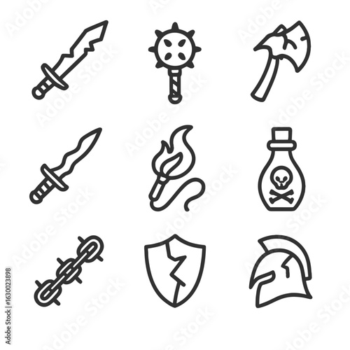 Chaos Weapon Icons. Outline icon set of chaos weapons: jagged sword, spiked mace, broken axe, cursed dagger, flaming whip, poison