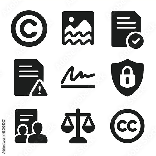 Digital Art Ethics Icons. Solid, filled icons set of copyright and digital art ethics: copyright symbol,