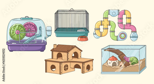 Illustration of various hamster cages and accessories including wheels tubes and wooden houses for pets