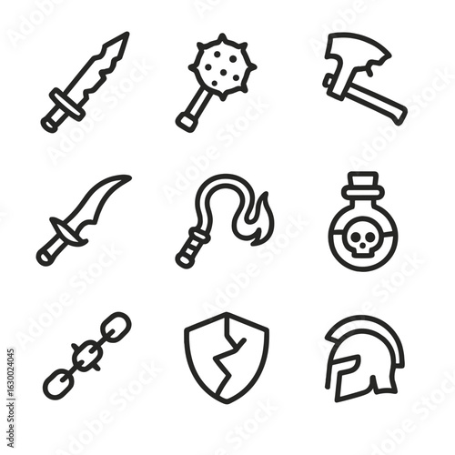 Chaos Weapon Icons. Outline icon set of chaos weapons: jagged sword, spiked mace, broken axe, cursed dagger, flaming whip, poison